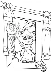 Маша с сачком ловит гусеницу 0